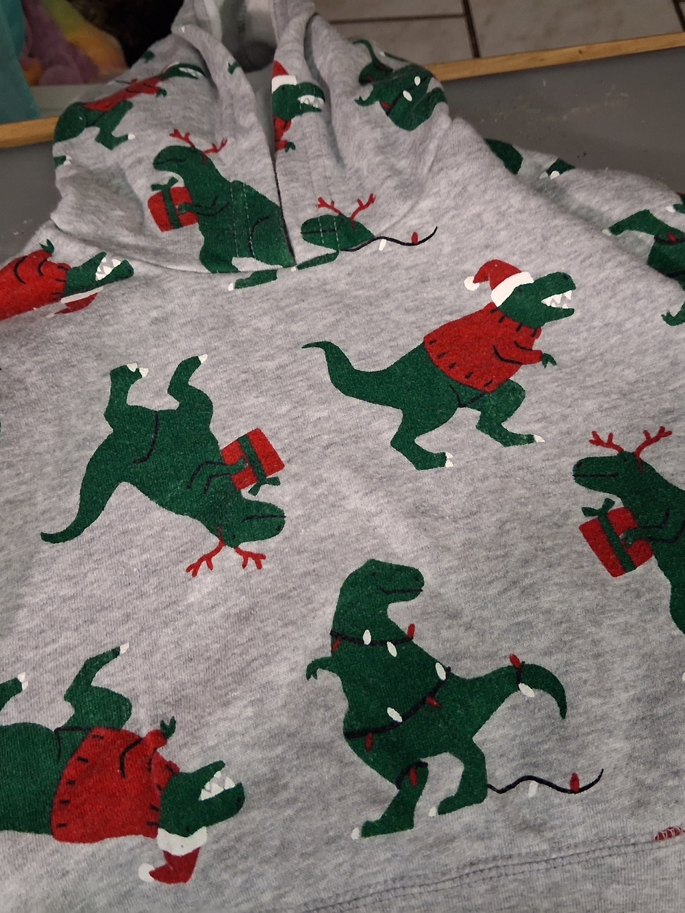 Kids Grey Holiday Dino Hoodie - Green & Red Dinosaur Print